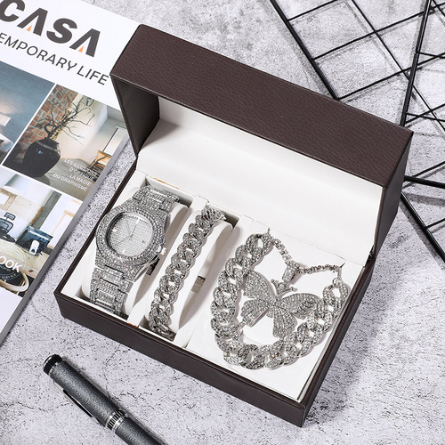 3-piece watch women's accessories set gift box European and American exaggerated Cuban chain butterfly necklace jewelry full diamond watch