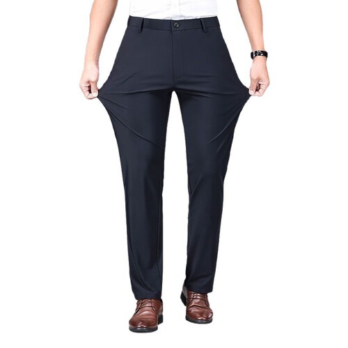 Fleece-lined, thick, autumn/winter men's mid-length casual pants—business-style, loose-fit, straight-leg, wrinkle-free, high-waisted, fleece-lined trousers.
