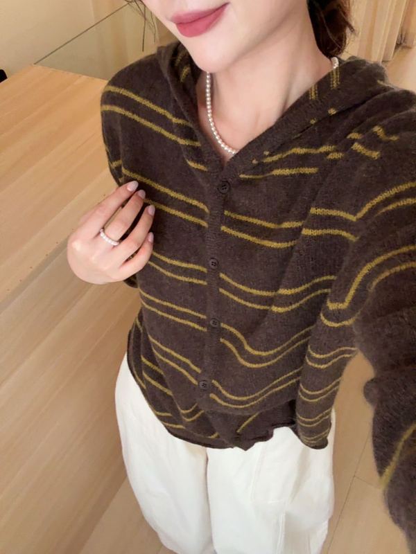 之言25秋冬季女装羊毛衫韩系风时尚连帽条纹羊毛浣熊绒针织衫毛衣|undefined