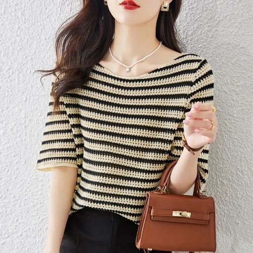 Women's Summer Collared Knit T-Shirt with Striped Patterns, Loose Fit, Stylish and Elegant Short-Sleeve Top
