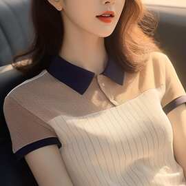 时尚别致漂亮条纹POLO领短袖衬衫女夏季款设计感修身百搭上衣