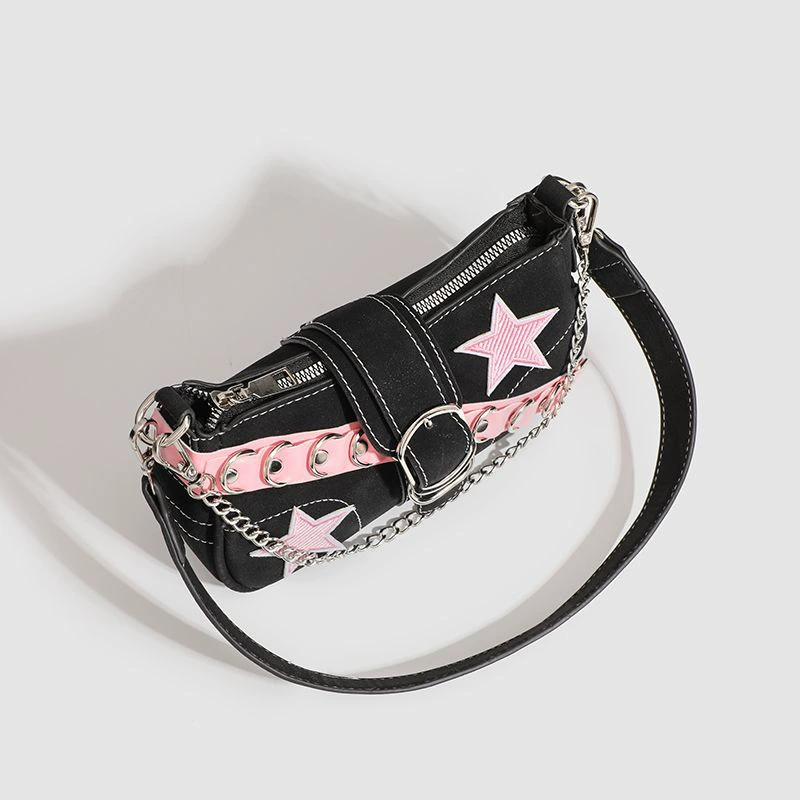 Поясная сумка-одна ручка с акцентной фуксией strap, черная мини-сумка подмышку, детали 2 карата
