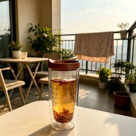 食品级塑料双层透明咖啡杯螺纹内胆吸管杯耐高温防漏家用办公水杯