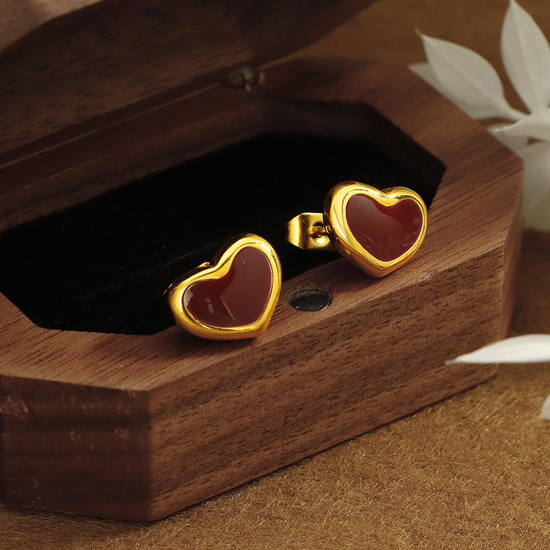 1 Par Casual Estilo Simple Forma De Corazón Esmalte Acero Titanio Pendientes display picture 1