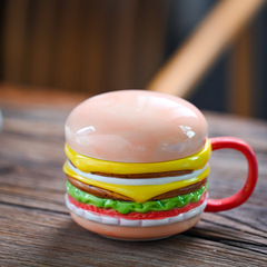 ハンバーガーマグカップ蓋付き高颜値陶磁器カップ家庭用オフィスカップ個性牛乳朝食カップコーヒーカップ