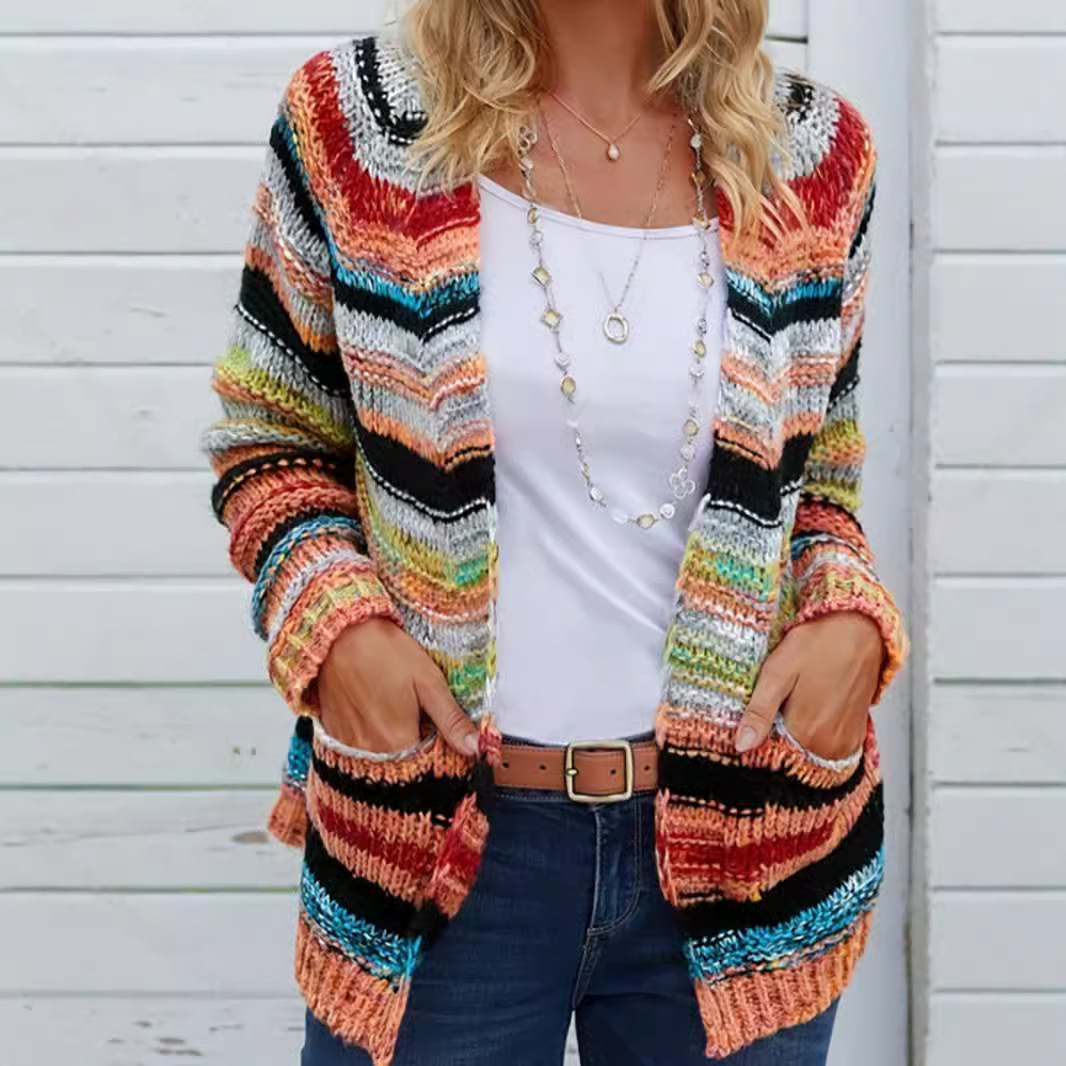 定制毛衣外套女外搭宽松休闲撞色条纹上衣针织开衫中长款跨境欧美