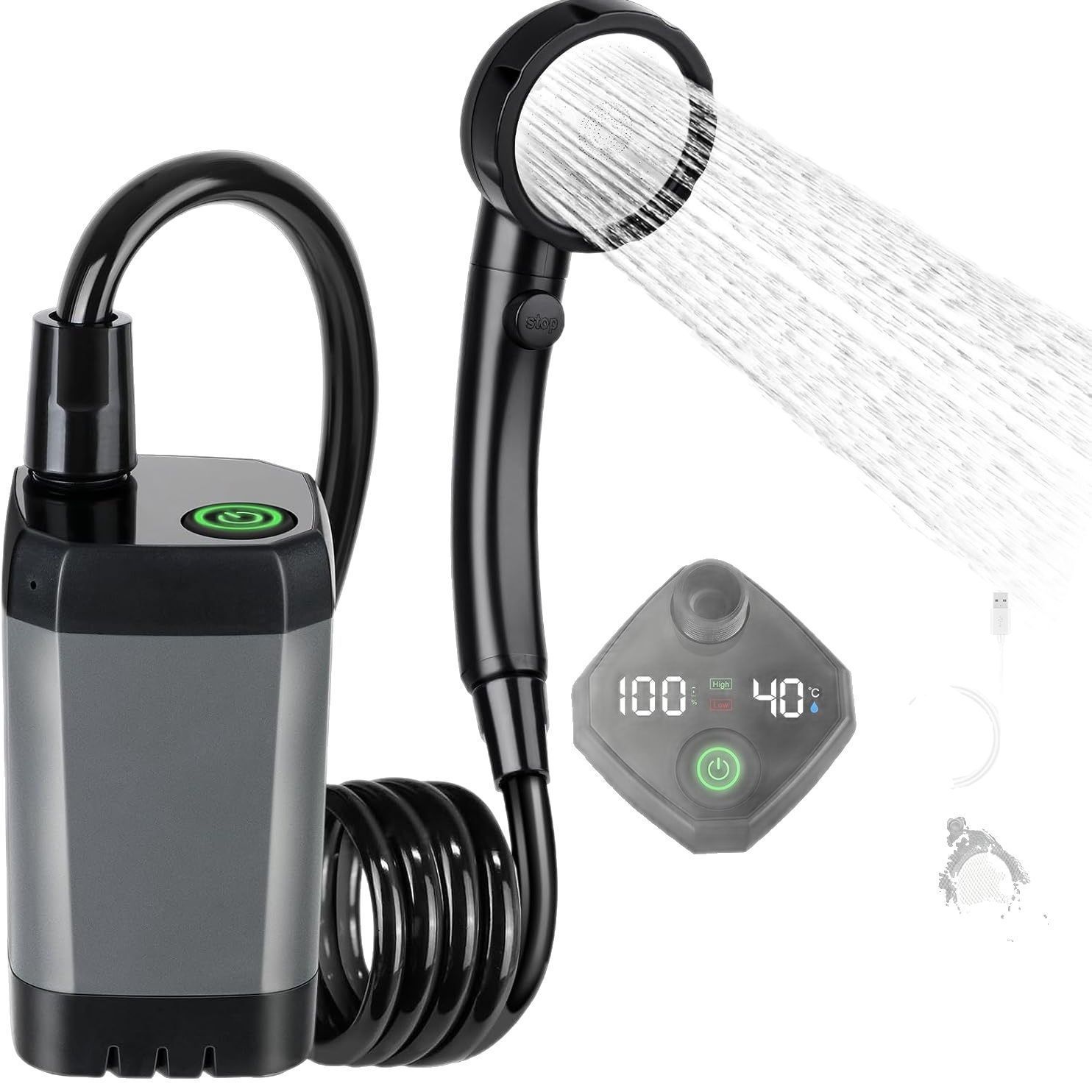 Tragbare Campingdusche mit 15-stufigem Filter, wiederaufladbarer 6000-mAh-Duschpumpe, 3+1-Strahl-Außendusche_voghion.com