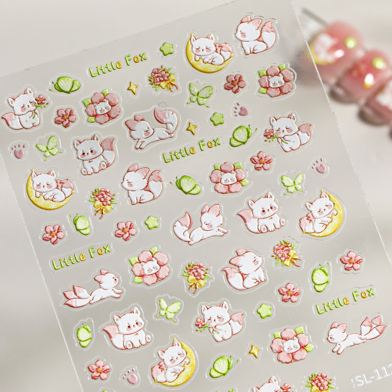Cute Nine-Tailed Flying Fox Nail Stickers 5D Embossed Stereo Peach Blossom Little Fox DIY Nail Stickers Accessories Sl Style