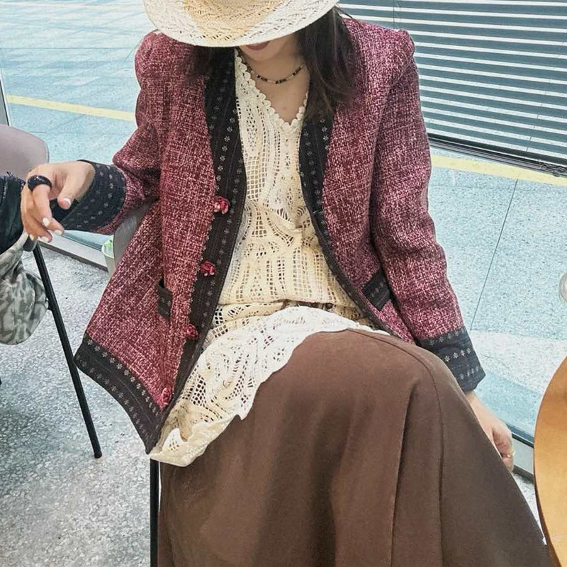 深圳南油2025秋款两色复古花色V领编织粗花呢小香风宽松廓形外套|undefined