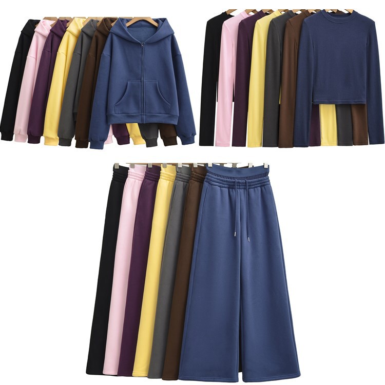 Loose Hooded Sweatshirt Jacket, Round-Neck Slim-Fit Long-Sleeve T-Shirt, High-Waisted Wide-Leg Sweatpants, Fleece-Lined Three-Piece Set Loose Hooded Sweatshirt Jacket, Round-Neck Slim-Fit Long-Sleeve T-Shirt, High-Waisted Wide-Leg Sweatpants, Fleece-Lined Three-Piece Set