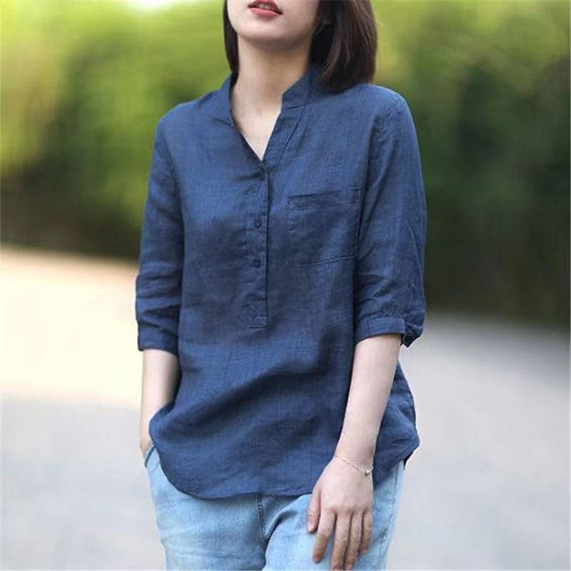 Foreign Trade Retro Literary Casual Shirt K-Style 2021 New Cotton and Linen Large Size Loose Stand-Up Collar Shirt Dropshipping