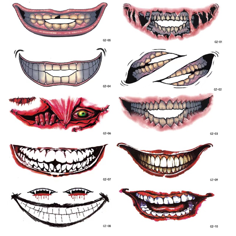 New Cross-Border Halloween Mouth Tattoo Stickers Horror Lip Makeup Facial Decoration Interesting Horror Lip Scar Tattoo