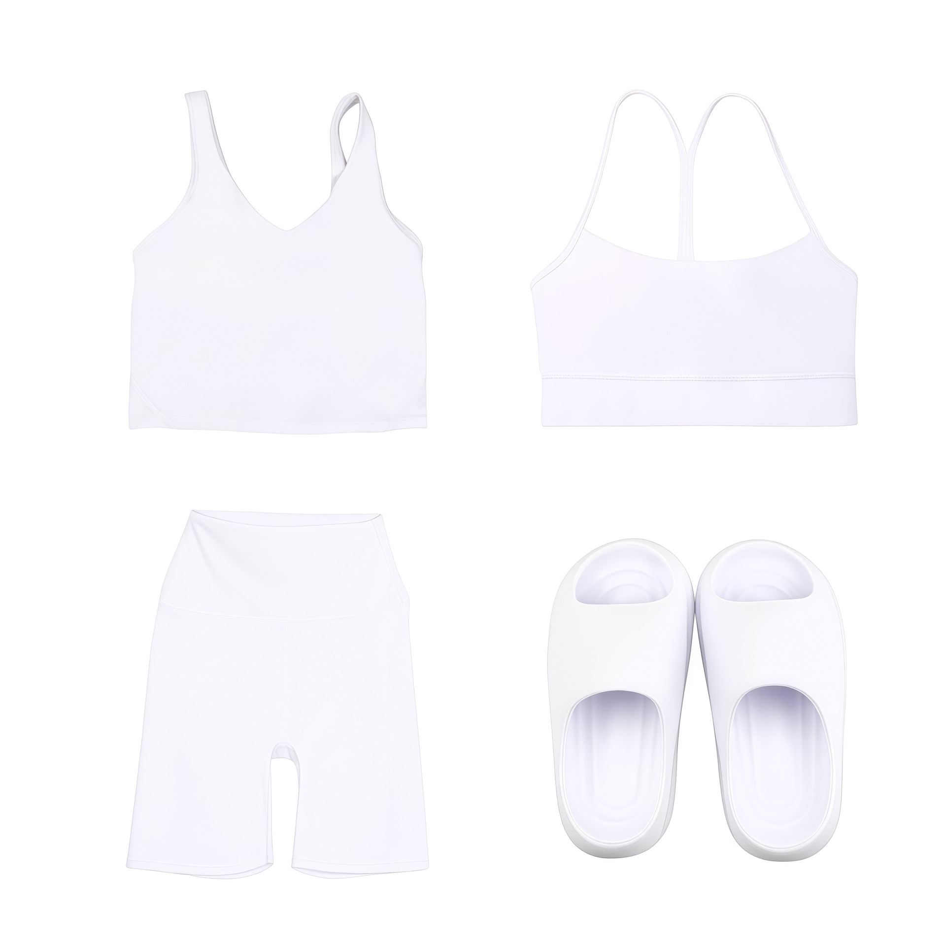 Conjunto de cuatro piezas para mujer: pantalones capri, chaleco en forma de U, chaleco en forma de Y, prenda exterior ajustada, pantalones deportivos elásticos y zapatillas deportivas._voghion.com