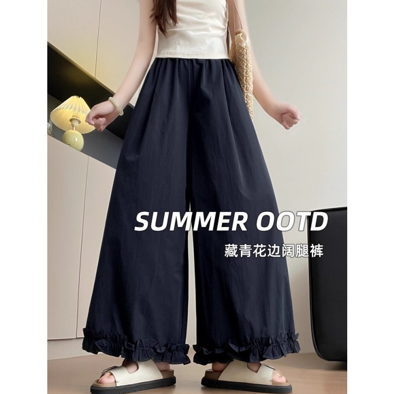 Plus Size 150kg Ruffle Lace Splicing Wide-Leg Pants for Women, Summer Thin Style, Versatile Loose Cropped Pants for Pear-Shaped Body