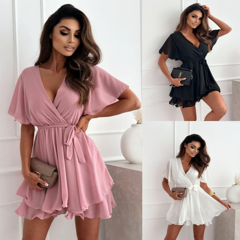 2024 European and American Women's Summer Sexy V Neck Cross Strap Mini Skirt Ruffled Hem Chiffon Dress