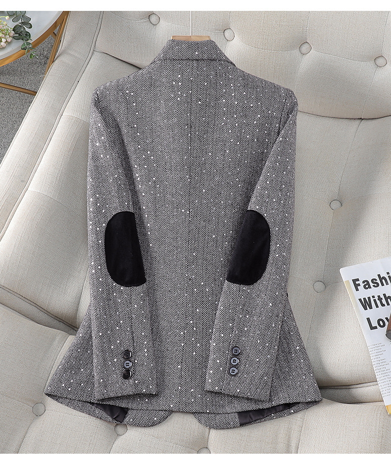 Women's Clothing Sequined spring and autumn jacket suit for women houndstooth, ladies' small suit top, women's trendy contrast color_voghion.com