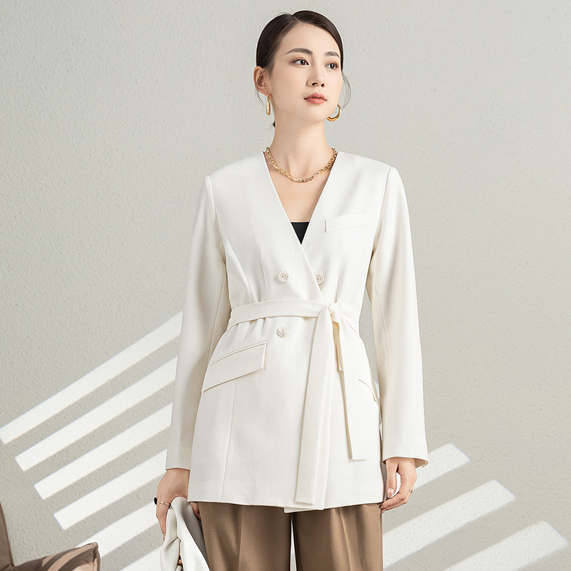Áo blazer nam cổ chữ V thiết kế dây buộc, chất liệu vân, form slim — Màu Đen (không có cổ áo)