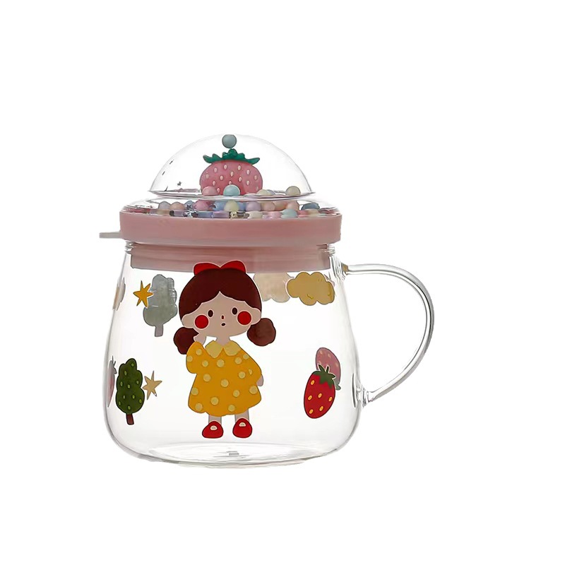 Taza de fruta de niña linda de dibujos animados lindo creativo con tapa cuchara taza de agua de vidrio taza de corazón de niña DE ALTO aspecto taza