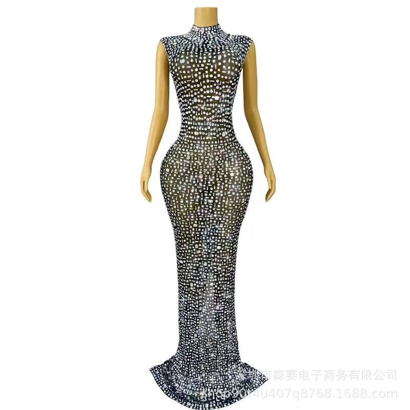 夏季新款晚礼服女长款钉钻修身显瘦舞会派对新娘结婚礼服连衣裙|undefined