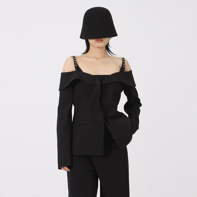 French-Style Elegant Top 2026 Spring New One-Shoulder Elegant Ruffled Slim-Fit Long-Sleeve Blazer