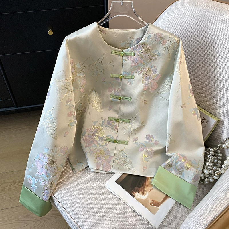 Autumn retro cardigan, jacket, Chinese style, with embroidery, round collar