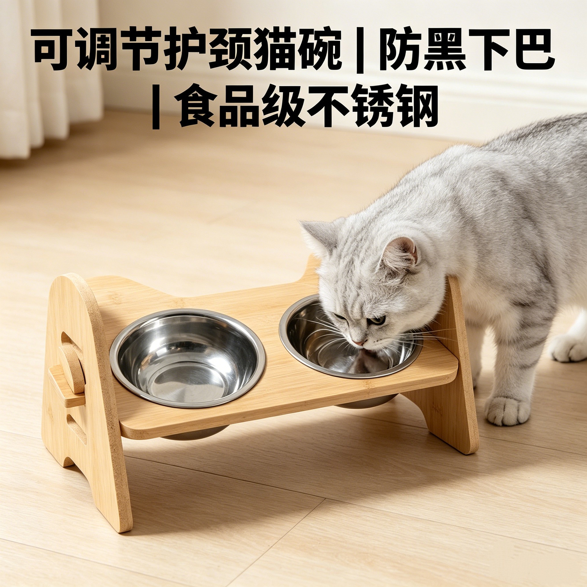 bambú ajustable tronco viento doble tazón gato cubierta de cuello de madera sólida anti-volquear gato y perro universal agua potable alimentación cubierta de tazón