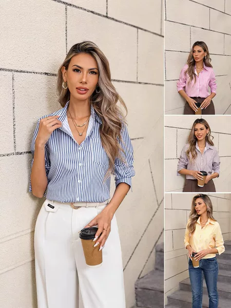 2026 Spring and Autumn New Amazon Cross-Border Trade European and American Women's Striped Loose Casual Collared Long-Sleeve Shirt