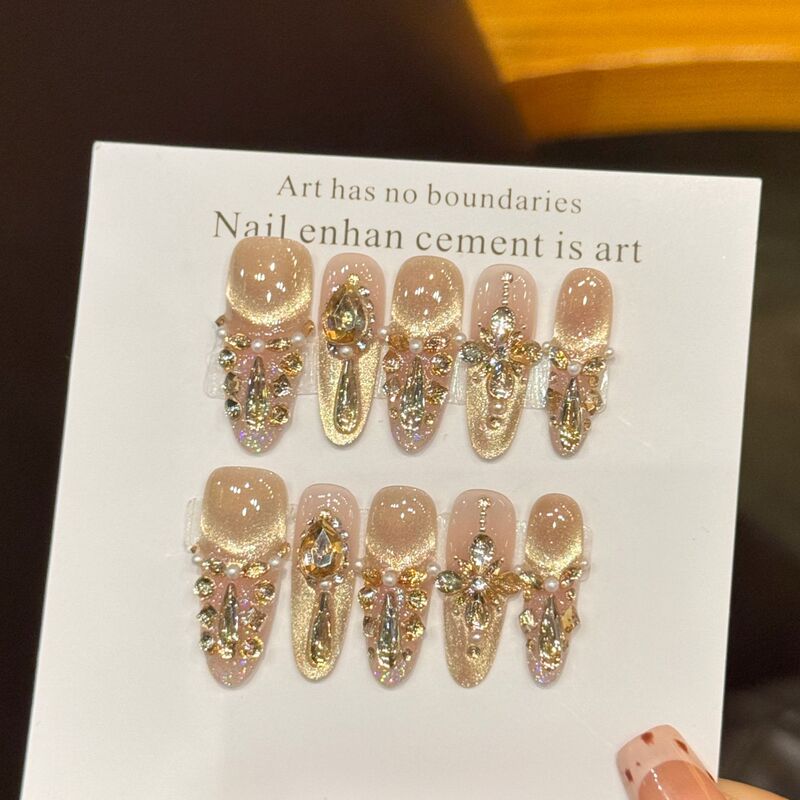 [the Tears of Cesart] Champagne-Colored Zircon Diamond French-Style Cat-Eye High-End Accessible Luxury Manicure Handmade Wearable Nails