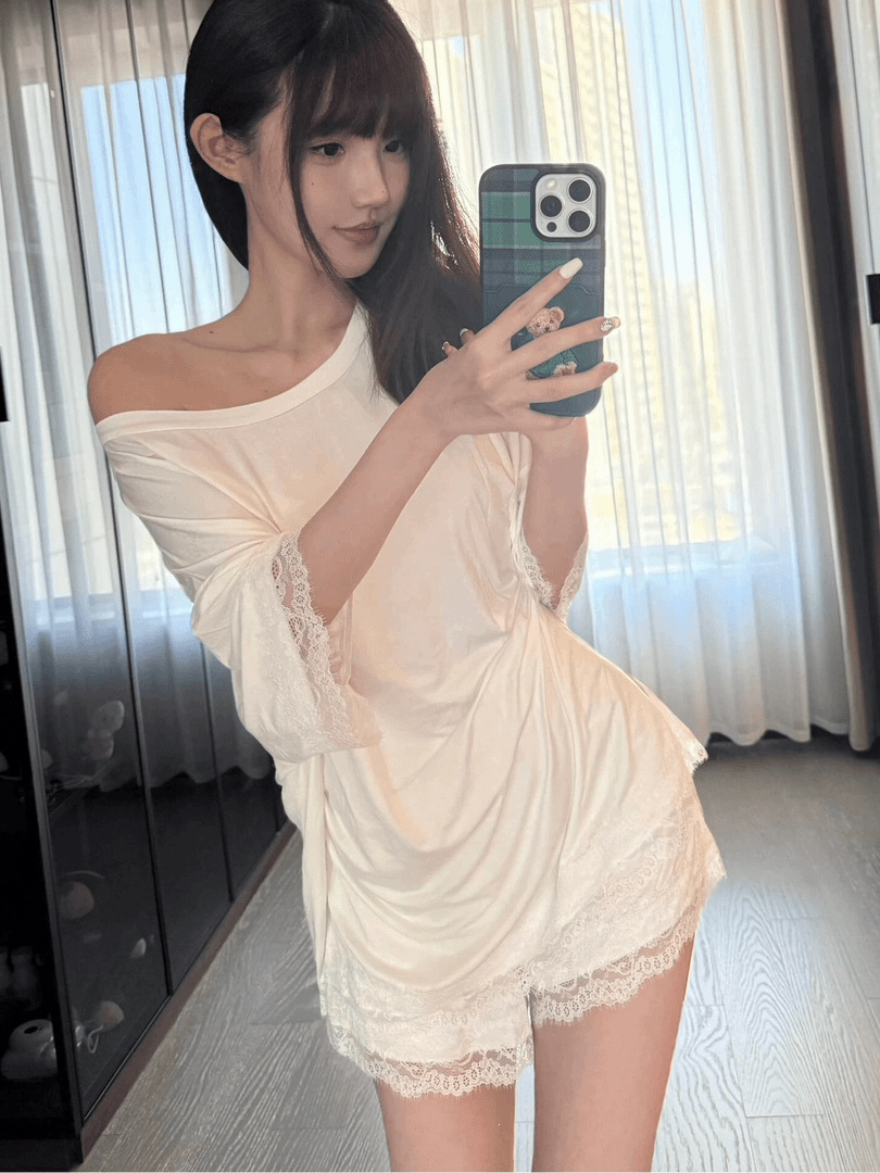 带胸垫莫代尔睡衣女士夏季轻奢性感纯欲风蕾丝花边短袖家居服套装