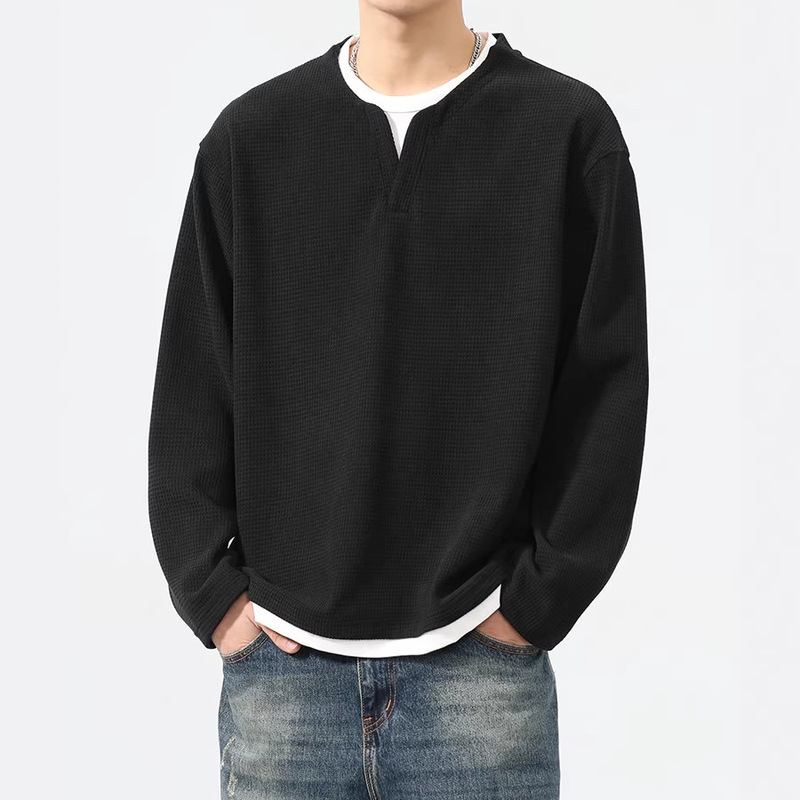 Academy Style Fake Two-Piece Henry Collar Long-Sleeve T-Shirt for Men, Autumn Korean Style, European Cotton Velvet Feel, Lazy Style Black Sweatshirt 536 Academy Style Fake Two-Piece Henry Collar Long-Sleeve T-Shirt for Men, Autumn Korean Style, European Cotton Velvet Feel, Lazy Style Black Sweatshirt 536