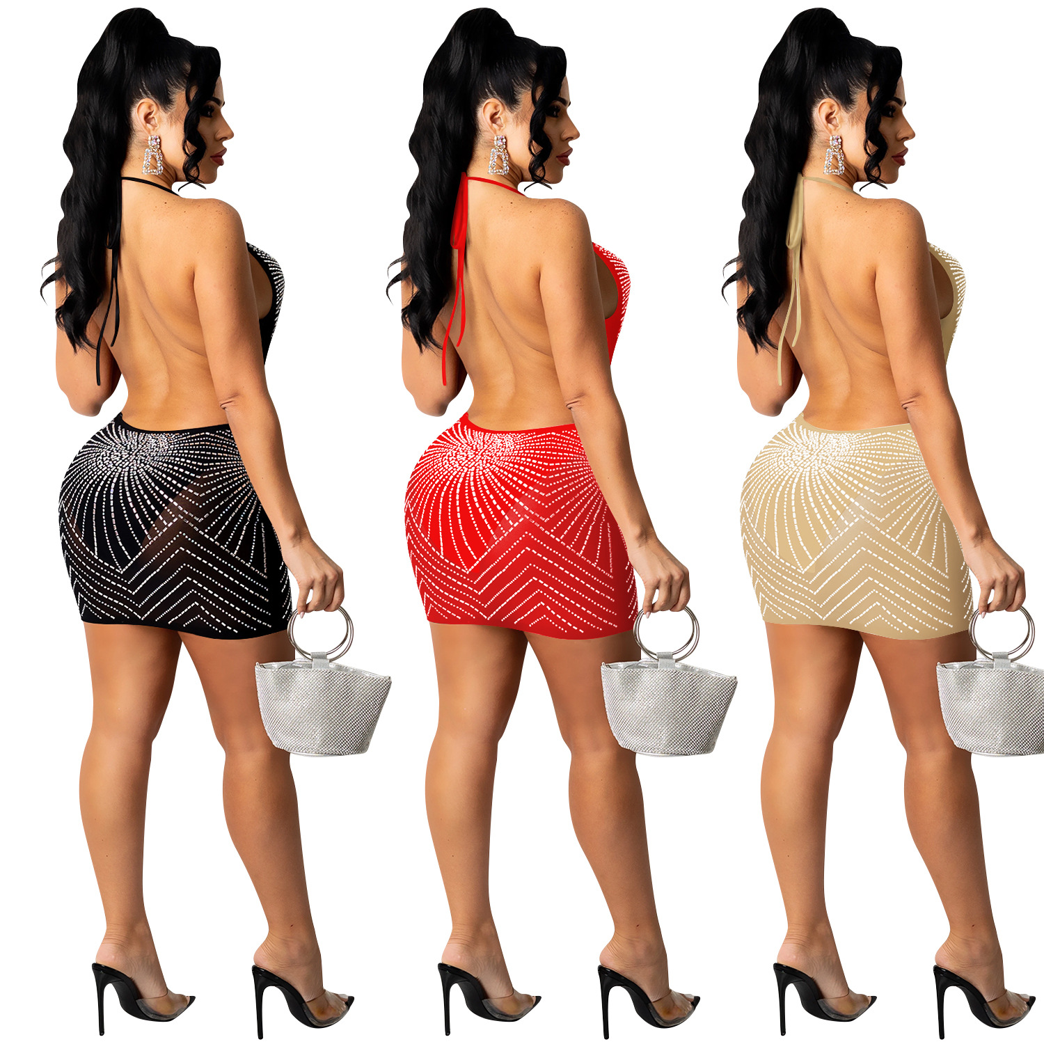 X5251 transfronterizo europeo y americano nuevo club nocturno sexy rhinestone malla transparente color sólido Sling V-cuello ropa de mujer vestido de mujer