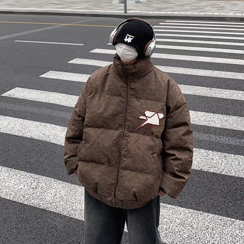 Estilo americano retro pareja suelta marca de moda pan abrigo de algodón acolchado de los hombres de la calle hip hop abrigo de algodón acolchado bordado de invierno