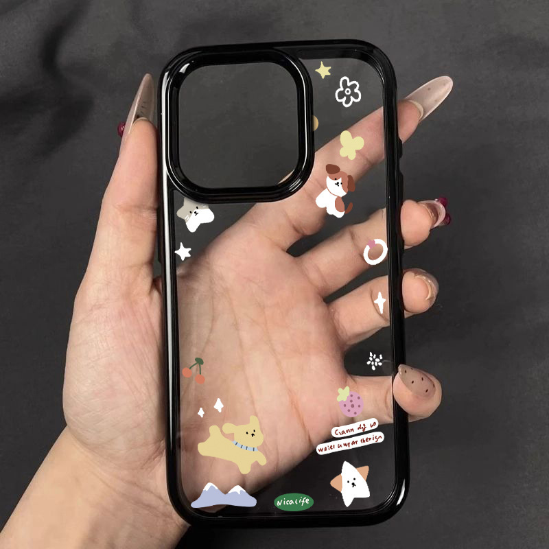 Flower and Grass Puppy Suitable for Apple 15 16Promax Mobile Phone Case 11 Anti-Fall 14Pro Hard Shell Black Frame 1314 Large Hole