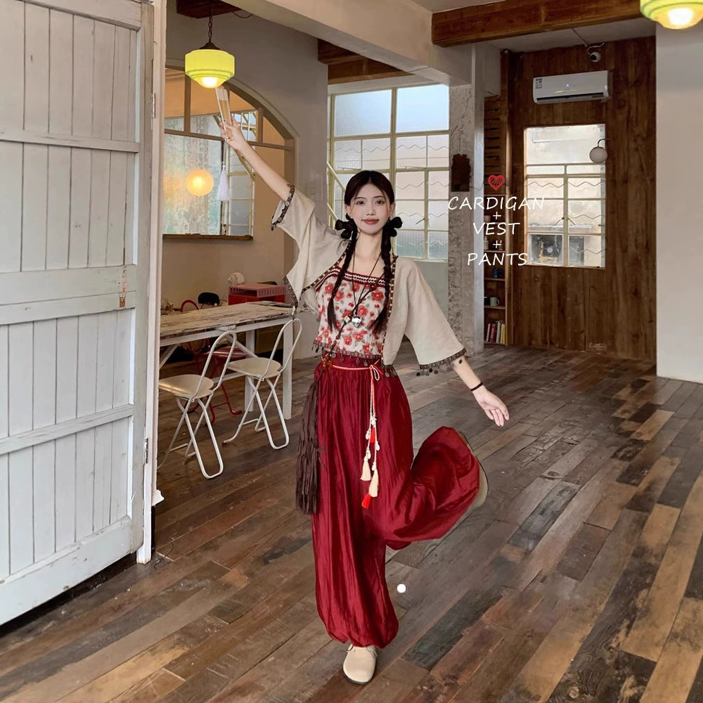 Новый китайский цветочный камзол в китайском стиле, тонкий кардиган, шаровары, женский костюм-тройка, женский летний новый стиль