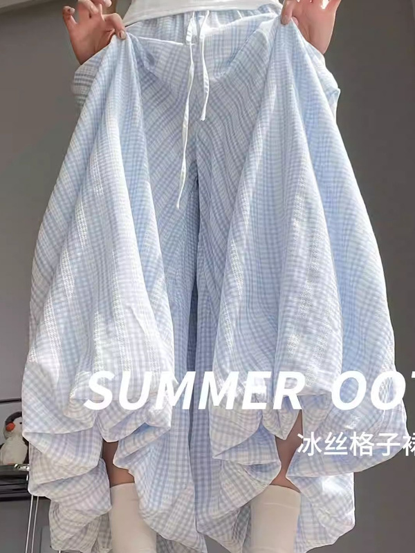 韩系蓬蓬花苞格子裤裙女夏季薄款高腰显瘦温柔风灯笼裤休闲阔腿裤|undefined