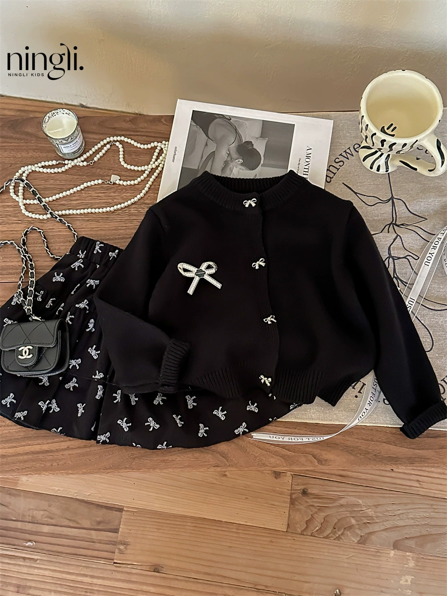 柠里 Autumn set, юбка, детский вязаный свитер, куртка, детская одежда, западный стиль