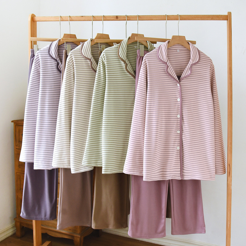 Japanese-Style Thermal Pajamas for Women, Autumn and Winter Thin Fleece Warm Long-Sleeve Striped Loose Turn-Down Collar Ab Version Loungewear Set Japanese-Style Thermal Pajamas for Women, Autumn and Winter Thin Fleece Warm Long-Sleeve Striped Loose Turn-Down Collar Ab Version Loungewear Set