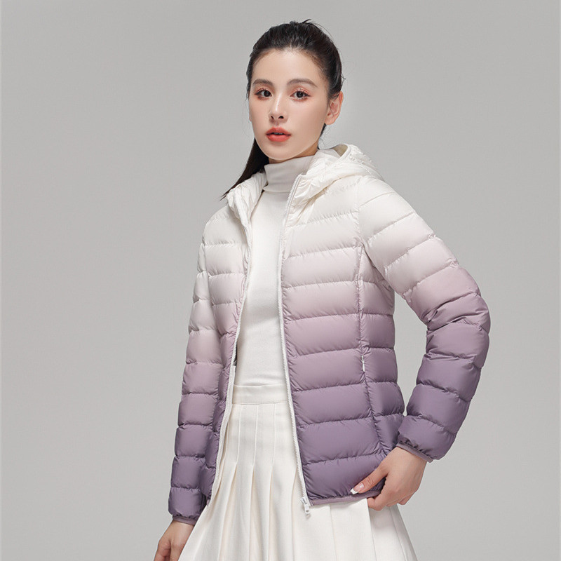 Transfronterizo Tik Tok otoño y invierno nuevo 90 camisa de plumón ligera cuello con capuchón de color gradiente de gran tamaño blanco