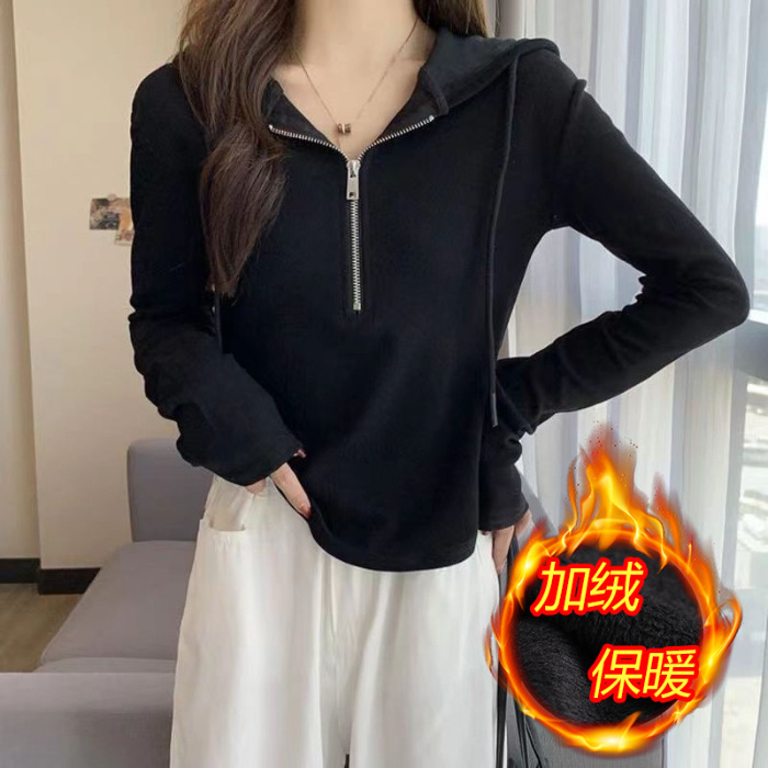 连帽卫衣女长袖t恤2025秋冬季新款大码胖mm设计感小众半拉链上衣|undefined
