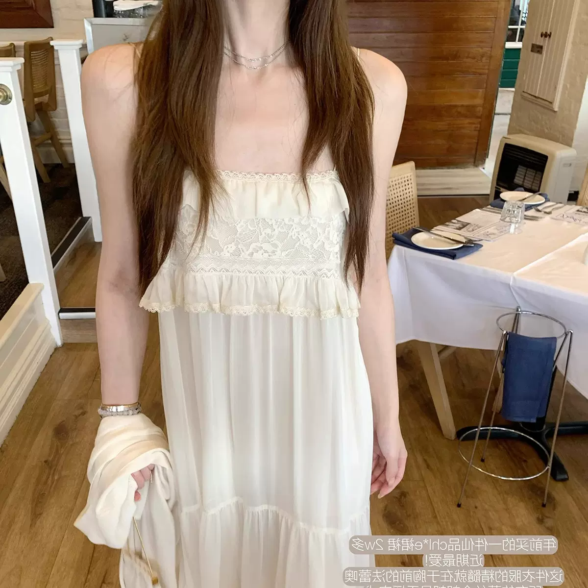 Lace薄雾月光_挚爱法蕾 朦胧仙气花边领口吊带裙白色连衣裙女夏季