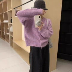 韓系の優しい風の純色の丸首のセーターのコートの女性の2024春秋のゆったりしている柔らかいモチモチの乳のFUFUニットのカーディガン