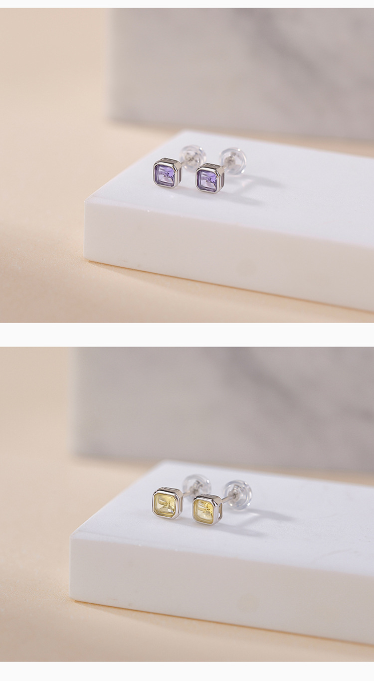 Bông tai bạc S925 mạ vàng đính đá thạch anh tím mặt cắt vuông — Kiểu citrine màu vàng chi tiết 6