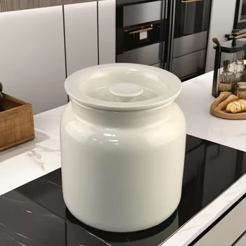 Latas de cerámica sellada pueden ser etiquetadas con logotipo, latas de manteca de cerdo de temperatura media con tapa doméstica, recipientes retro de gran tamaño de porcelana blanca.