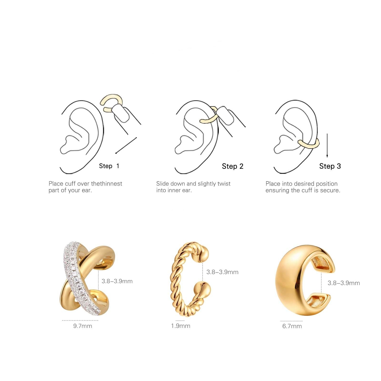 14K Gold Plated Plating Material Ear Cuffs Classification 3 Pieces Set Elegant Lady C Shape Geometric Plating Copper 14K Gold Plated Ear Cuffs