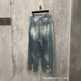 跨境新款毒家现货B家糜烂泥染刀割破坏牛仔裤男女街头阔腿做旧脏