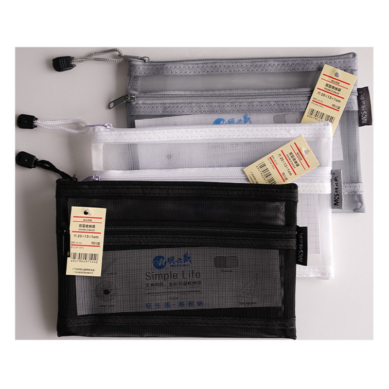 En stock envío gratuito A6 bolsa de almacenamiento simple papelería de doble capa transparente caja de lápiz de malla de estudiante de nylon caja de lápiz al por mayor