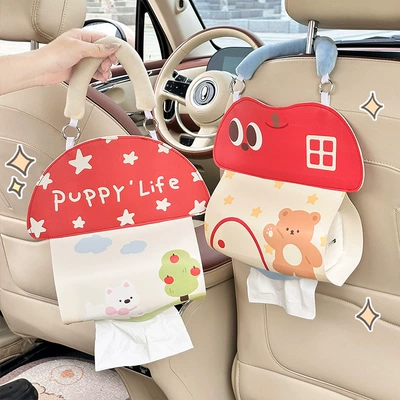 Cute Car Tissue Box 2026 New Model Leather Large Capacity Car Tissue Holder Cartoon Car Interior Decoration Tissue Bag
