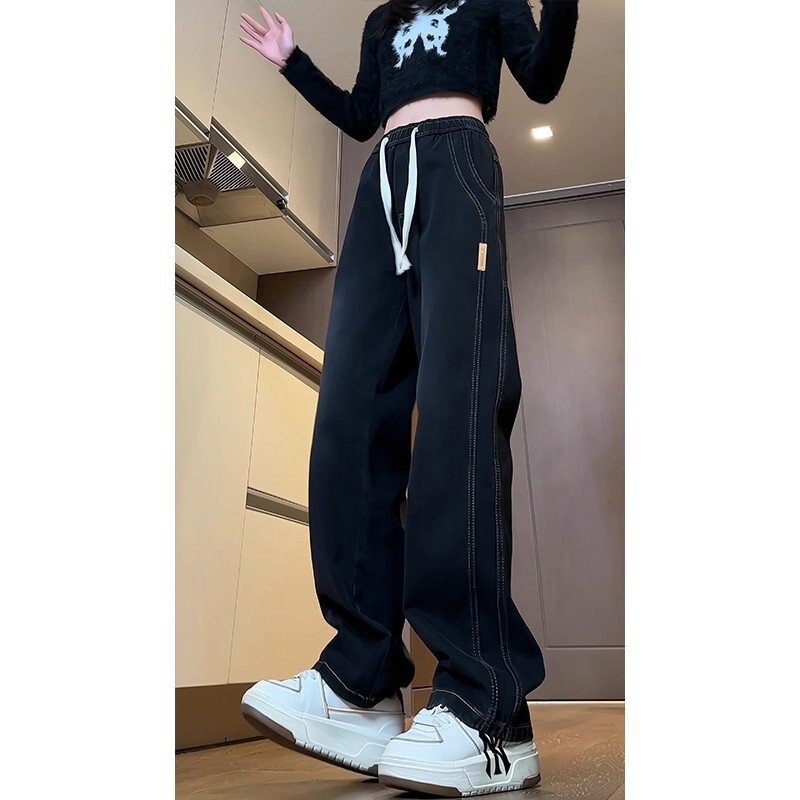 Elastic Waist Straight Narrow Jeans Men's Black Pants American High Street Vibe High Waist Loose Wide Leg Banana Pants Elastic Waist Straight Narrow Jeans Men's Black Pants American High Street Vibe High Waist Loose Wide Leg Banana Pants