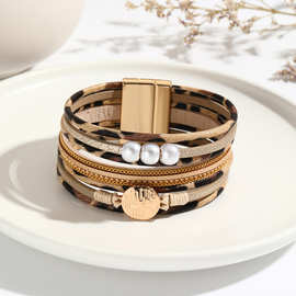 欧美气质时尚多层手链豹纹珍珠简约款磁吸手镯多根pu皮手饰品跨境