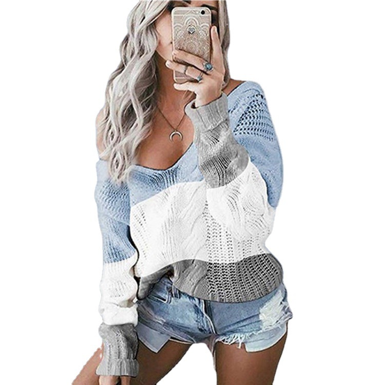Ropa de mujer transfronteriza AliExpress Amazon popular europeo y americano prendas de punto en V color sólido contraste color Twist pullover mujeres